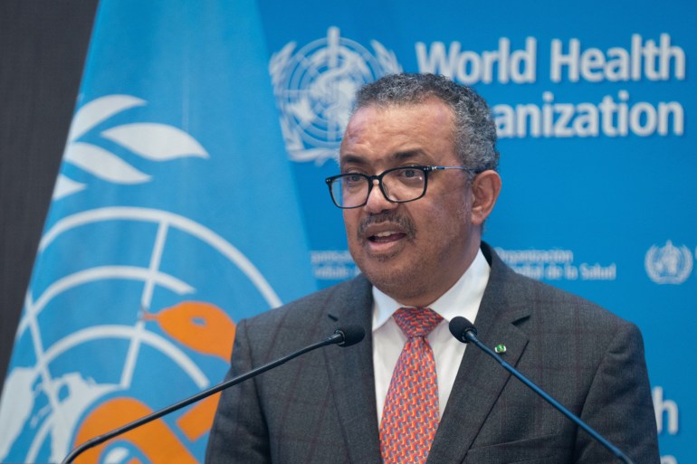 WHO Director-General Tedros Ghebreyes speaks in front of a WHO flag and backdrop