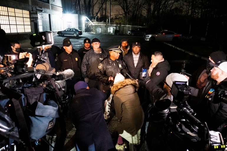 Detroit Police Chief James White speaks to the media outside the Detroit Impression Company where the parents of school shooter Ethan Crumbley were found hiding and taken into police custody.