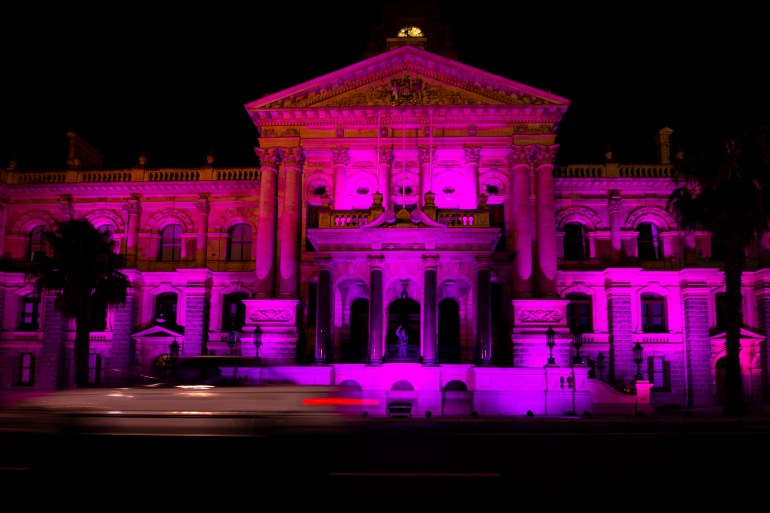The City Hall in Cape Town, South Africa, is lit up in purple on Sunday