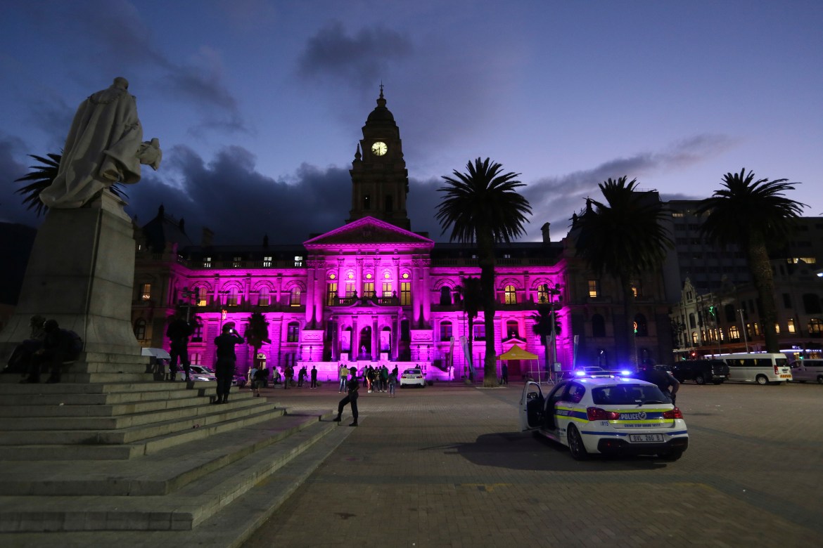 The City Hall is lit up in purple to honour of Desmond Tutu in Cape Town