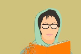 An illustration of an Afghan woman holding a book with a disintegrating corner