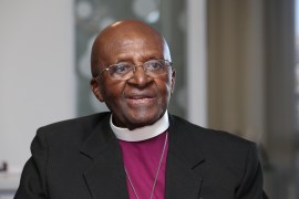 The Archbishop Emeritus Desmond Tutu at the offices of The Desmond &amp; Leah Tutu Legacy Foundation during a visit with Prince Harry on the first day of his visit to South Africa