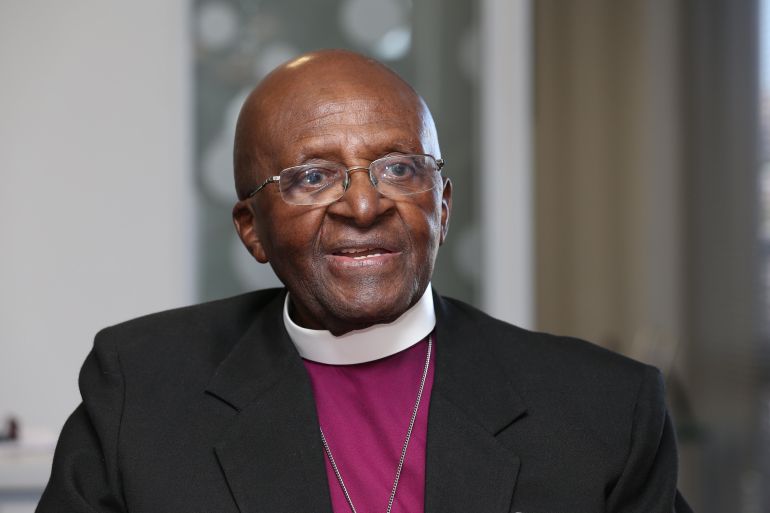 The Archbishop Emeritus Desmond Tutu at the offices of The Desmond &amp; Leah Tutu Legacy Foundation during a visit with Prince Harry on the first day of his visit to South Africa
