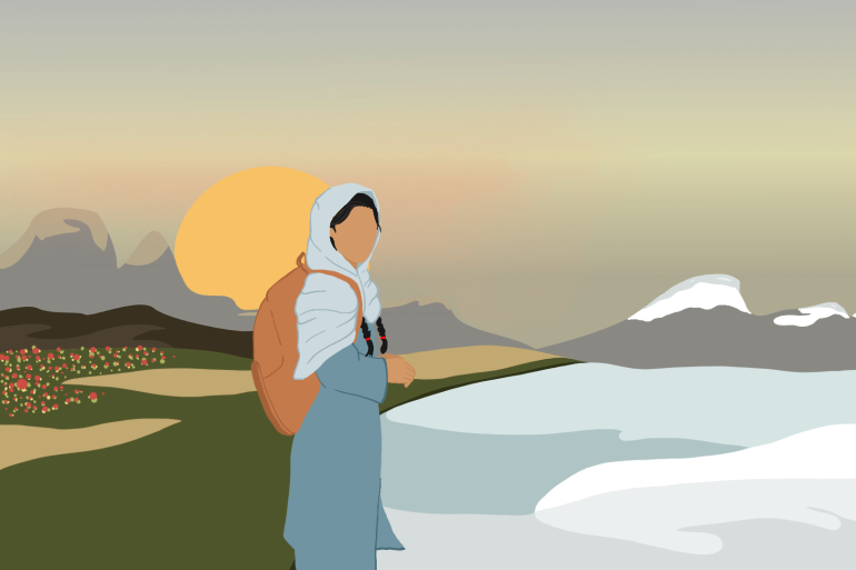 An illustration of schoolgirl in Afghanistan standing between a winter and spring landscape