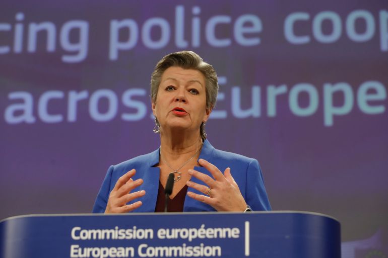 Ylva Johansson speaks during a news conference