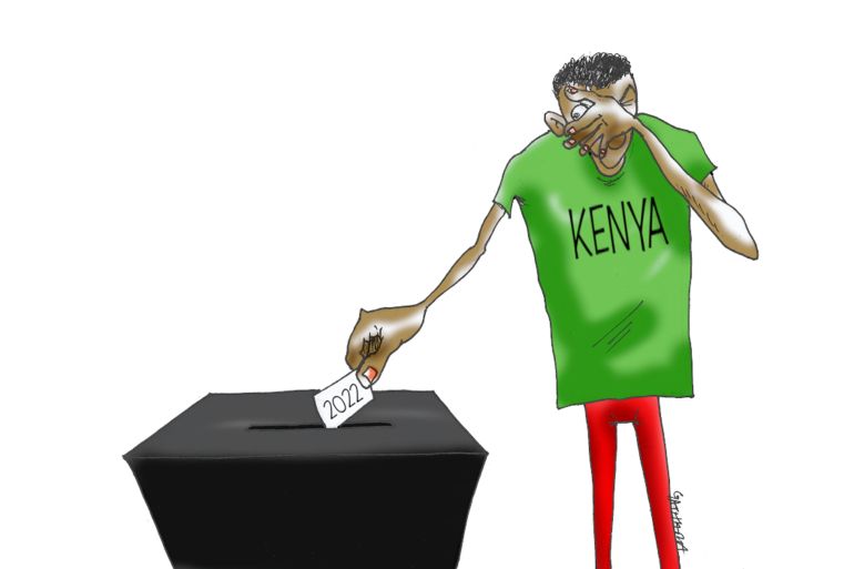 A cartoon by Patrick Gathara showing a man representing Kenya putting a 2022 ballot in a ballot box