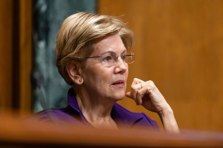 Senator Elizabeth Warren, a Democrat from Massachusetts and chair of the Senate Finance Subcommittee on Fiscal Responsibility and Economic Growth, during a hearing in Washington, D.C., United States