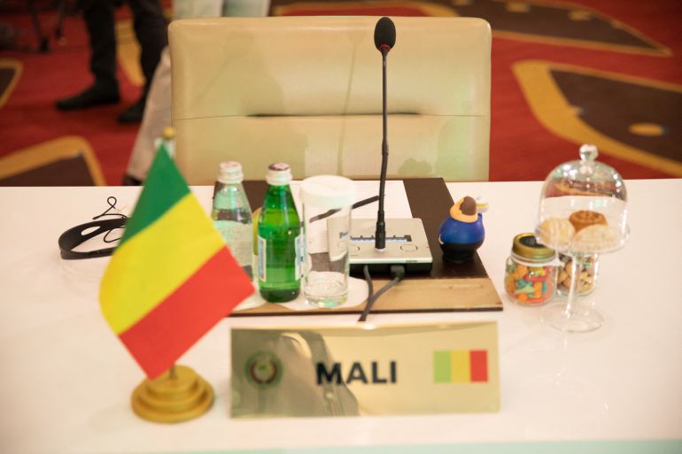 An empty seat of the Mali representative is seen in Accra, Ghana on September 16, 2021