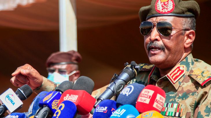 Sudan's top general Abdel Fattah al-Burhan speaks at a military exercise in the Maaqil area in the northern Nile River state, on December 8, 2021