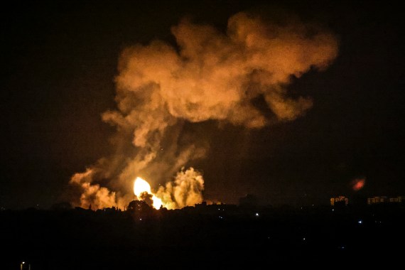 Smoke and fireball rises following an air strike in Khan Yunis in Gaza Strip