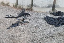 A picture showing what a senior coalition official said are the remains of two armed drones at the site where the US-led coalition against the Islamic State (IS) group in Iraq said it shot down two drones targeting a compound hosting coalition troops at Baghdad airport