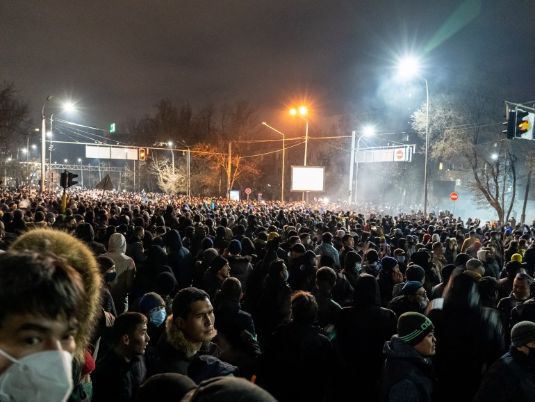 Protesters attend a rally in Almaty on January 4, 2022, after energy price hikes