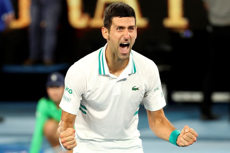 Novak Djokovic celebrates after winning a match.