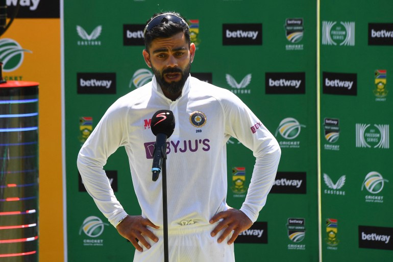 India's captain Virat Kohli speaks after South Africa won the third Test cricket match between South Africa and India