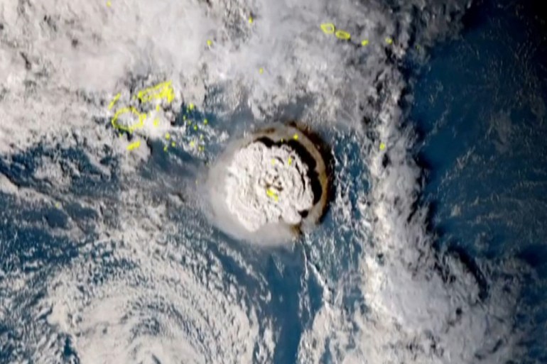 A satellite picture shows a volcano eruption near Tonga.