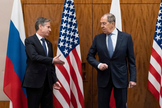 US Secretary of State Antony Blinken greets Russian Foreign Minister Sergey Lavrov before their meeting in Geneva