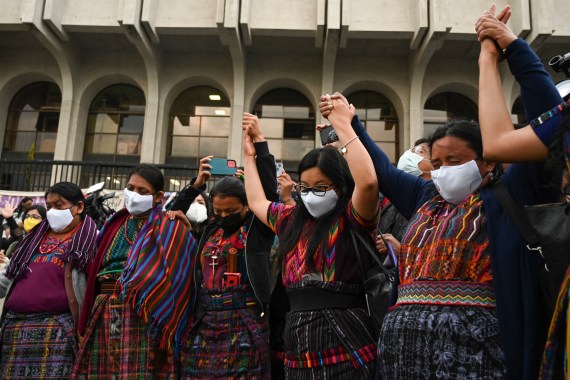 Guatemalan Achi women, victims of sexual violence during the internal armed conflict (1960-1996), react at the end of the trial against five former Guatemalan Civil Patrol (PAC)