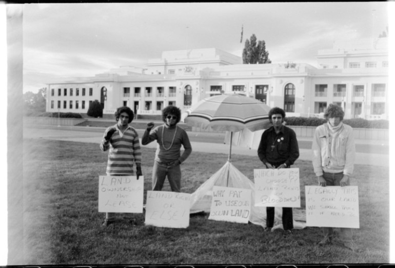 1.First day of the Aboriginal Embassy, 27 January 1972. Left to right: Billy Craigie, Bert Williams, Michael Anderson and Tony Coorey