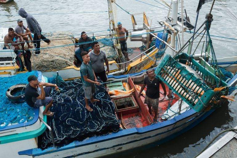 Fishers unload yellow croaker in the fishing town of Vigia in the northeast of Pará state, Brazil [Sarita Reed]