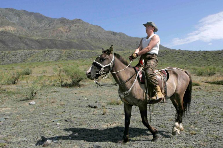 Russian President Vladimir Putin rides a horse near the Western Sayan Mountains in southern Siberia's Tuva region in August 2007