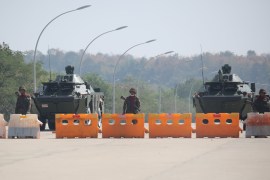 Myanmar&#39;s military checkpoint is seen on the way to the congress compound in Naypyitaw, Myanmar on February 1, 2021 [File: Reuters/Stringer]