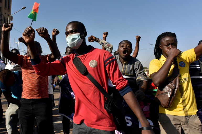 Civil organisations hold a protest calling for Burkina Faso's President Roch Kabore to resign and for departure of French forces that patrol the country, in Ouagadougou, Burkina Faso, November 27, 2021.
