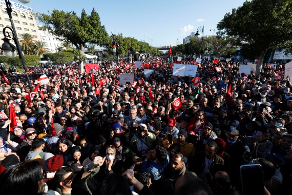 People protest against Tunisian President Kais Saied's seizure of governing power and declaration of putting a new constitution to public referendum, in Tunis, Tunisia,