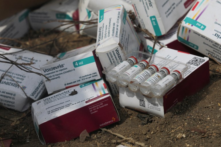 Some samples of expired AstraZeneca coronavirus disease (COVID-19) vaccines are seen at the Gosa dump site in Abuja, Nigeria,