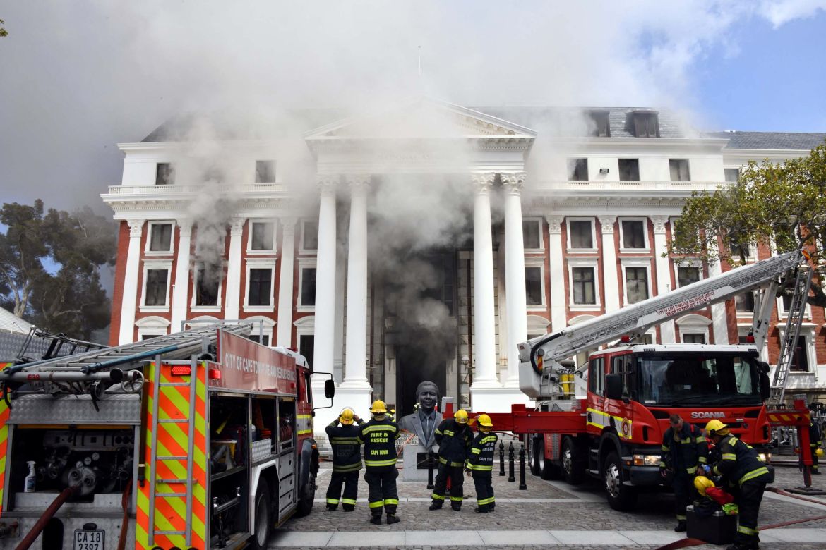 Fire burns at the Houses of Parliament, in Cape Town