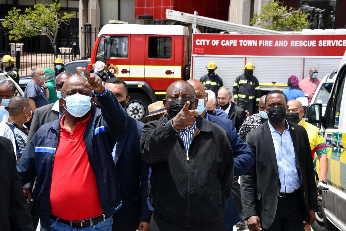 South African President Cyril Ramaphosa inspects damages at the Parliament building in Cape Town
