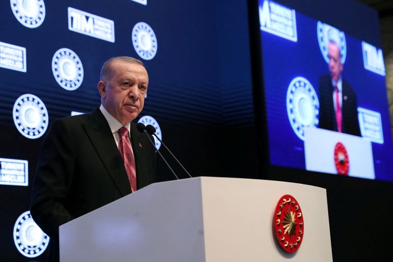 Turkey's President Recep Tayyip Erdogan is seen speaking at a podium