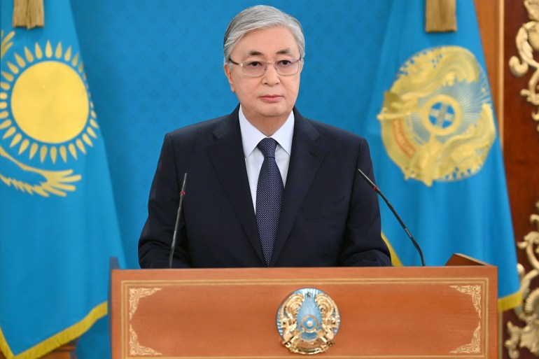 Kazakh President Kassym-Jomart Tokayev speaks during a televised address.