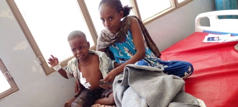 Survivors of an air strike by Ethiopian government forces receive treatment at the Shire Shul General hospital in the town of Dedebit in northern region of Tigray, Ethiopia