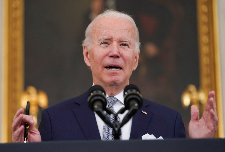 President Joe Biden delivers remarks on the December 2021 jobs report during a speech in the State Dining Room at the White House in Washington, U.S.