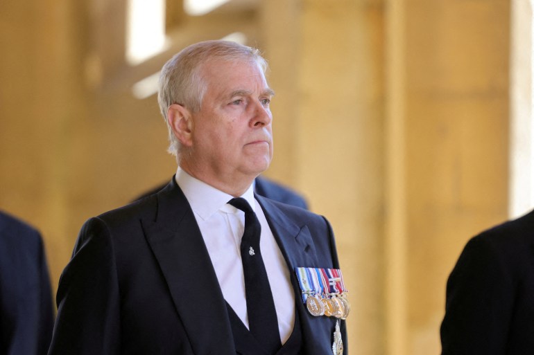 Britain's Prince Andrew, Duke of York, looks on during the funeral of Britain's Prince Philip