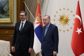 Turkish President Tayyip Erdogan and Serbian President Aleksandar Vucic pose before a meeting in Ankara, Turkey