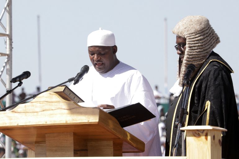 Gambia's President Adama Barrow speaks as he is sworn in during his inauguration ceremony in Banjul, Gambia