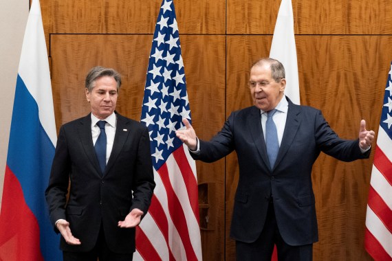 US Secretary of State Antony Blinken and Russian Foreign Minister Sergey Lavrov stand alongside one another before their meeting, in Geneva, Switzerland