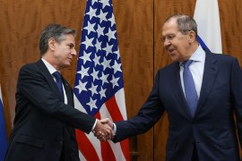 US Secretary of State Antony Blinken greets Russian Foreign Minister Sergei Lavrov before their meeting, in Geneva, Switzerland