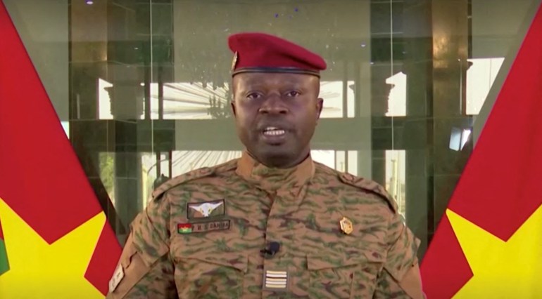 Burkina Faso's new Military Leader, Lieutenant Colonel Paul-Henri Damiba, gives a speech in Ouagadougou, Burkina Faso, January 27, 2022, in this screengrab taken from the video.