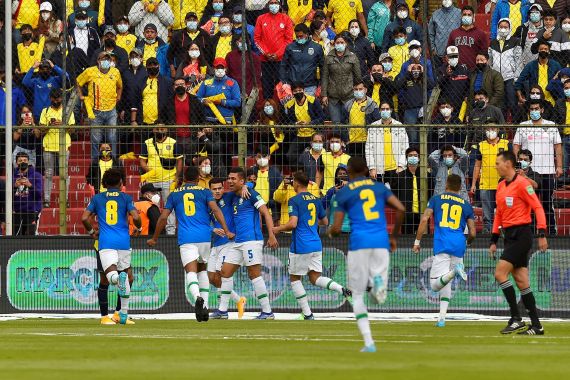 Brazil's Casemiro celebrates scoring their first goal with teammates