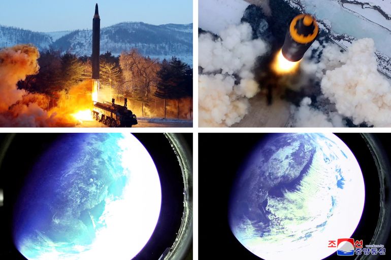 A composite of four photogrpahs showing a missile launched from the ground in smoke and flames, and flying through the air as well as images of the moon