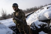 Ukrainian servicemen of the 24th Brigade are seen outside of Zolote, Ukraine on January 27, 2022 [Wolfgang Schwan/Anadolu Agency