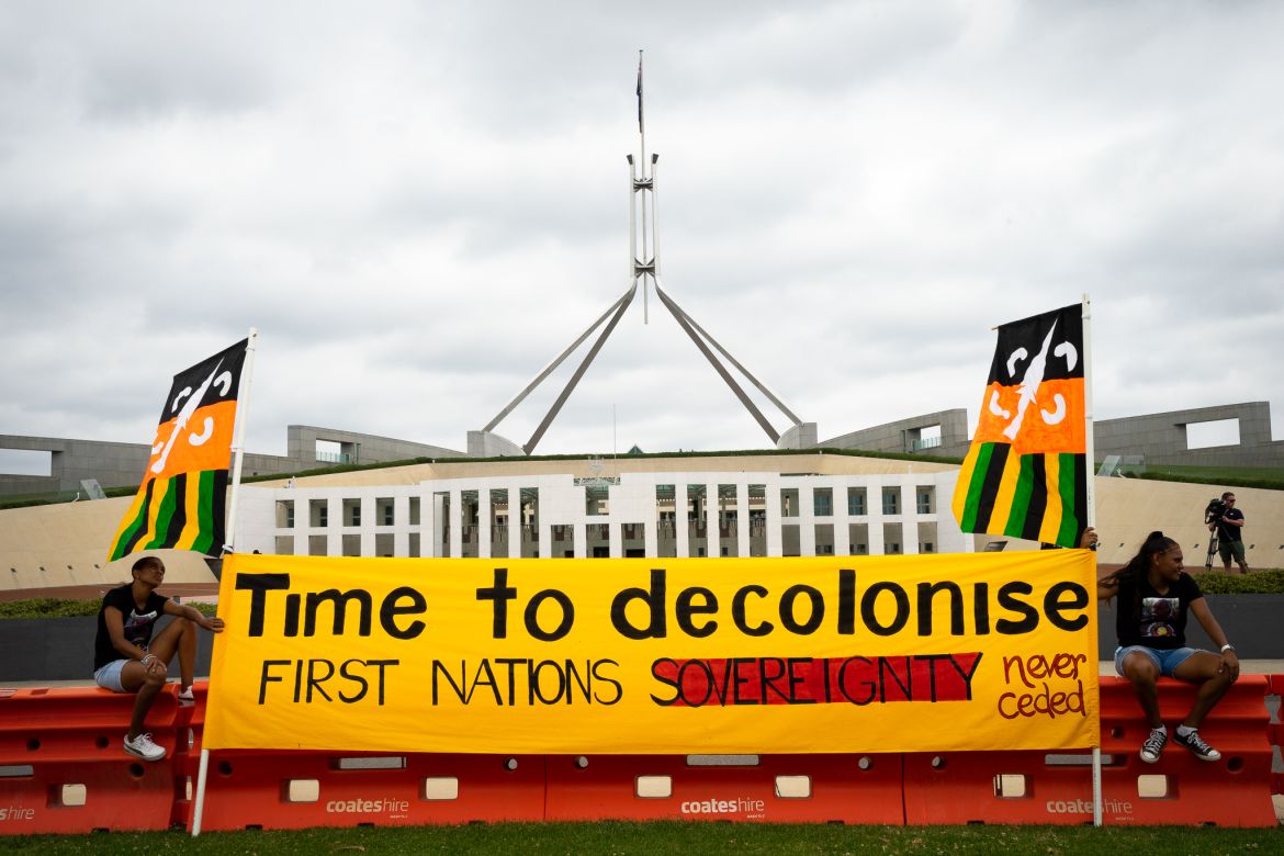 Protestors outside Australia’s national Parliament House on January 26. A public holiday known as ‘Australia Day’ the date symbolises the day the British commenced colonisation of what is now known as the Australian continent. Indigenous peoples consider this a ‘day of mourning’ and refer to it as either Survival Day or Invasion Day.