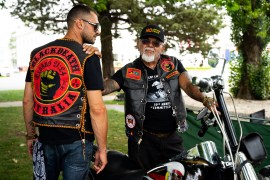 Black Death spokesperson Mark (left) and club leader Mulla Sumner (right). Sumner attended the original Aboriginal Tent Embassy in 1972 and rode over 500 kms to attend the 50th anniversary.
