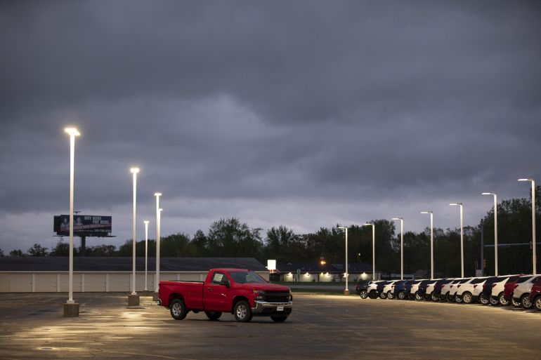 A 2021 Chevrolet Silverado on a lot at the Green Chevrolet dealership in East Moline, Illinois, US