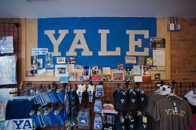 Branded items are displayed for sale at the Campus Customs store near the Yale University campus in New Haven, Connecticut