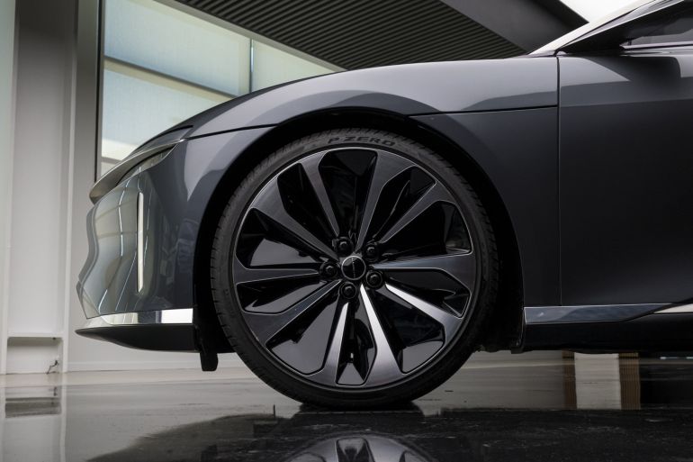 The front wheel of a Lucid Air prototype electric vehicle, manufactured by Lucid Motors