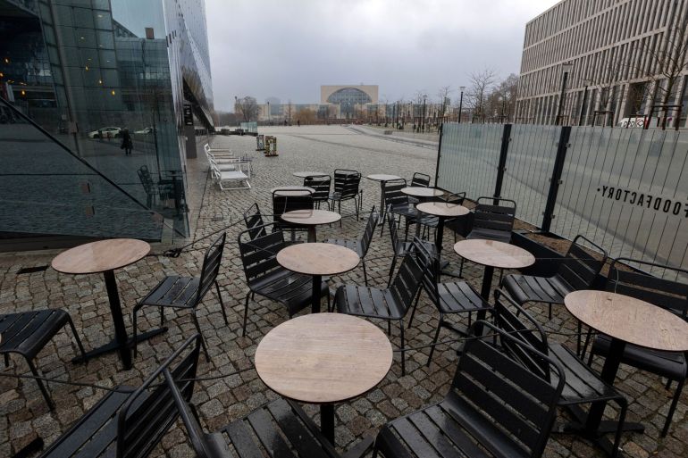 A deserted restaurant terrace near the Chancellery building in Berlin, Germany