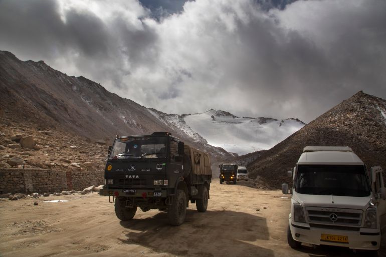 an Indian Army truck crosses Chang la pass near Pangong Lake in Ladakh region
